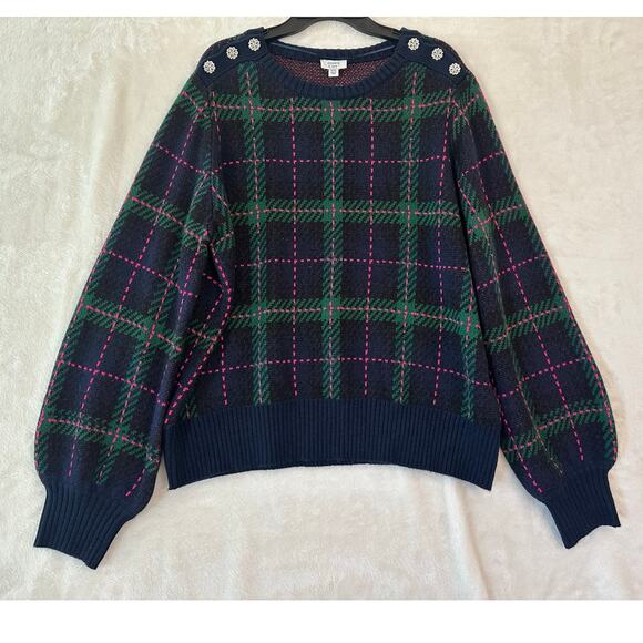 NWT Crown & Ivy Navy Plaid Sweater XXL Rhinestone Academia - Picture 1 of 8